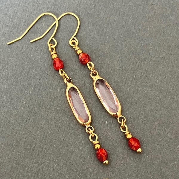 Long Sleek Gold Dangle Earrings, Red and Gold Earrings, Blush Earrings, Boho Chic Sophisticated Earrings, Lightweight Artisan Earrings, Gift
