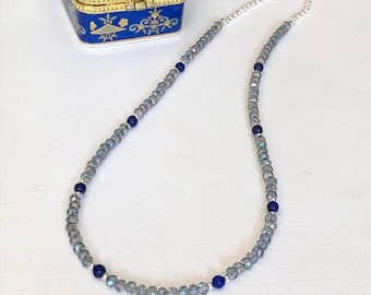 Beaded Blue Crystal Necklace, Lapis and Sterling Silver, Short Necklace, Beaded Choker Necklace, Delicate Glass & Stone Necklace, Gift Mom