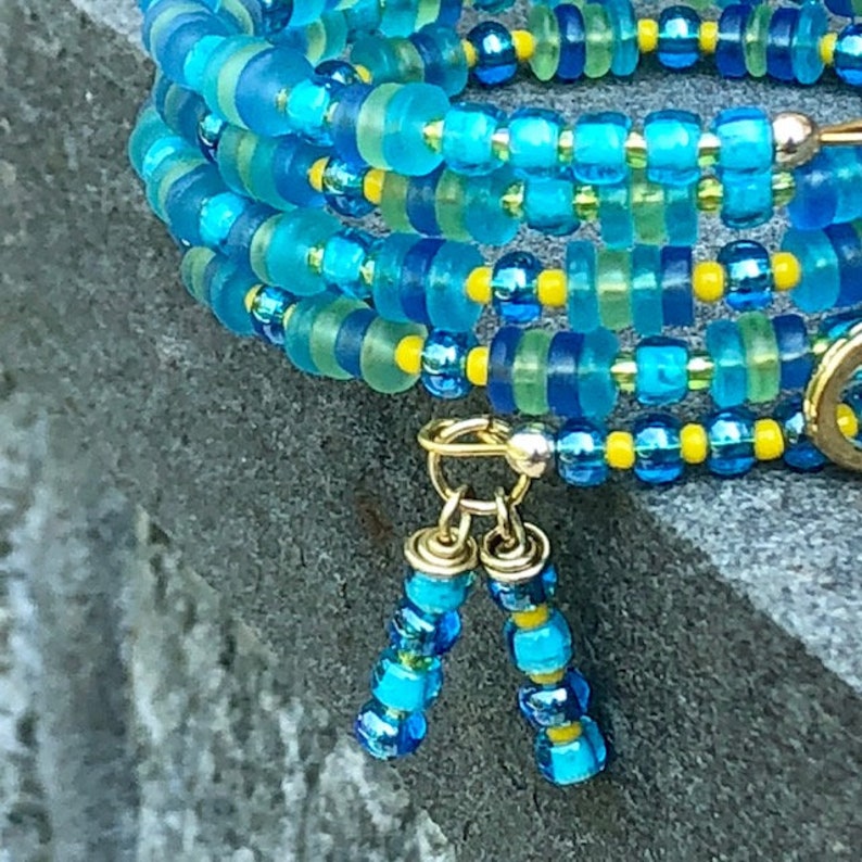 Aqua Memory Wire Bracelet Spiral Multi Wrap Bracelet Boho Statement Bracelet Colorful Bohemian Beaded Layered Bracelet Gypsy Beaded Bangle