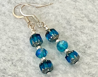 Blue Aqua Glass Bead Earrings, Silver Dangle Earrings with Aqua Blue Czech Glass Cathedral Bead, Small Dangle Drop Teal Earrings, Gift Her