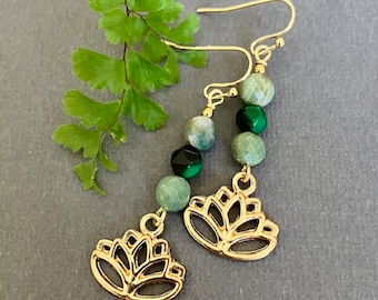 Green Stone Earrings with Gold Lotus Dangle, Green Gold Earrings, Long Boho Earrings, Green Jasper and Tiger Eye Gemstone Earrings, Handmade