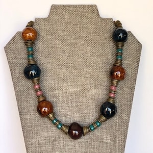 Multicolor Chunky Bead Necklace, Large Ceramic Bead Necklace, Colorful Chunky Boho Necklace, Big Bead Statement Necklace, Large Bead Jewelry