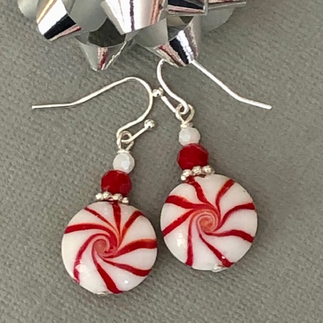 Peppermint Earrings Dangle Peppermint Candy Earrings Red Etsy