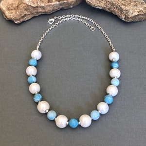 Larimar Gemstone and Ceramic Necklace, Sky Blue and White Chunky Beaded Necklace, Agate Larimar Jewelry, Handmade Gift Her, Spring Jewelry
