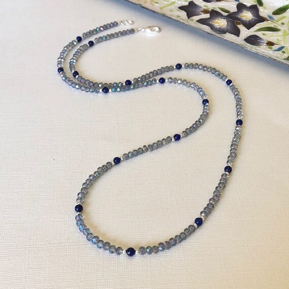 Long Crystal Glass Bead Necklace Lapis Sterling Silver | Etsy