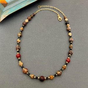 Mixed Stone Beaded Necklace, Gemstone Necklace, Womens Semi Precious Jasper Stone Glass Necklace, Earthy Color Boho Necklace, Gift for Her
