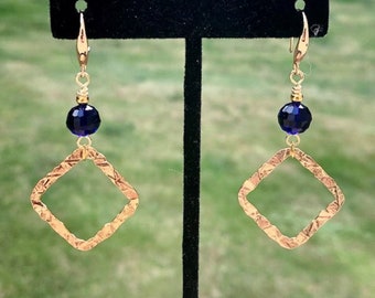 Blue Swarovski Crystal & Hammered Gold Hoop Earrings, Geometric Square 14K Gold Filled Hoop Dangle Earrings, Long Sophisticated Earrings