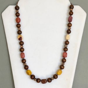 Chunky Jasper Gemstone and Wood Bead Necklace, Earth Tone Boho Necklace, Warm Colors, Long Bead Statement Necklace, Boho Jewelry, Gift Idea