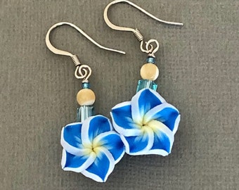 Blue Flower Dangle Earrings, Polymer Clay Flower Earrings, Floral Drop Earrings, Spring Earrings, Bridesmaid Earrings, Spring Summer Jewelry