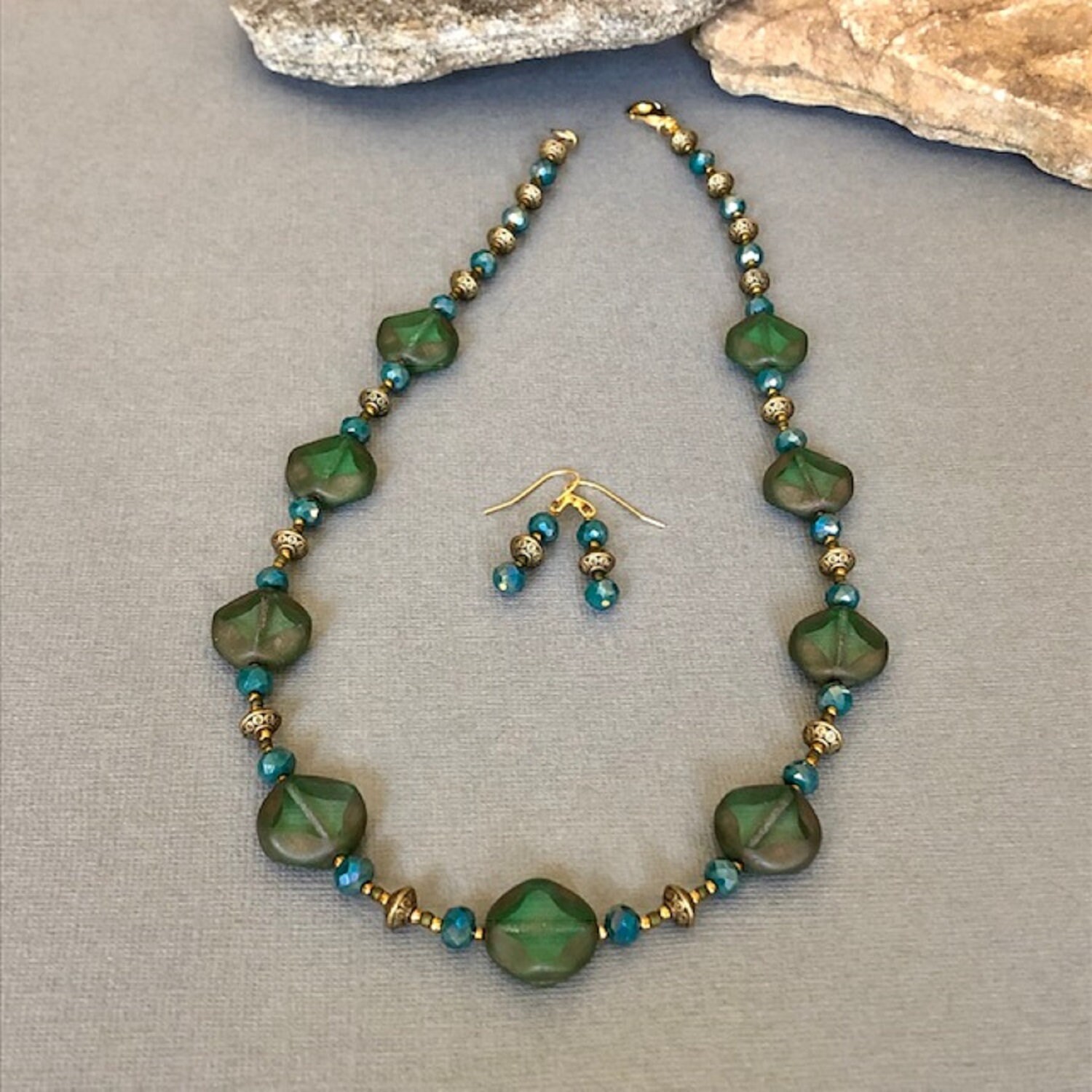 Green Jewelry Set Green Necklace Set Green Bead Necklace Etsy