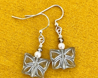 Butterfly Earrings, Dangle Butterfly Silver Earrings, Czech Glass Butterfly Earrings, Short Dangle Earrings, Bridesmaid Earrings, Gift Her