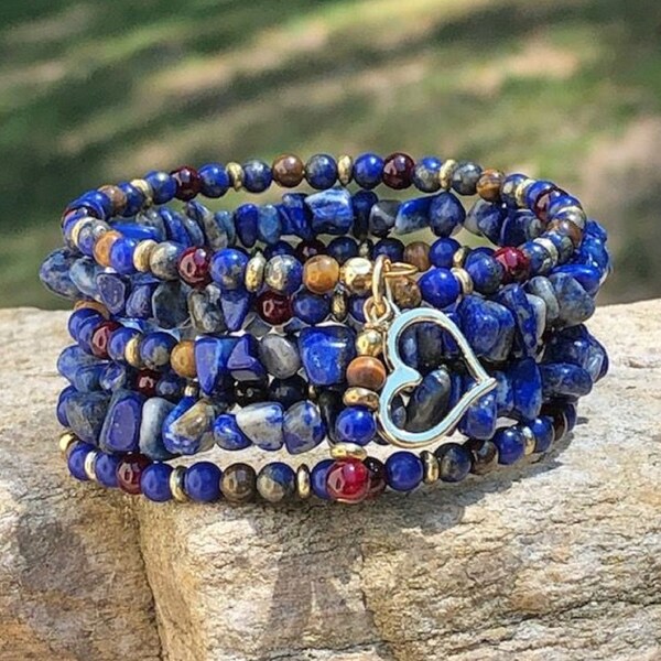 Lapis Blue Chip Memory Wire Bracelet, Blue Gemstone Chip Bead Bracelet, Blue Boho Stone Wrap Bracelet, Multi Wrap Coiled Statement Bracelet