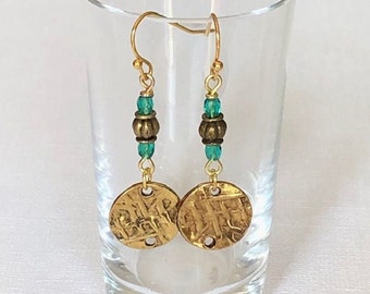 Gold Hammered Earrings, Gold Dangle Earrings, Gold Circle Disc Earrings, Drop Earrings, Gold and Green Boho Earrings, Textured Earrings