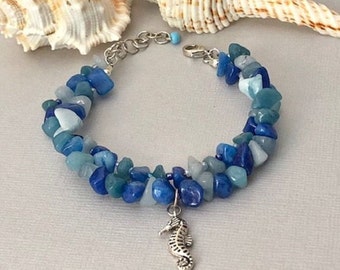 Seahorse Charm Blue Stone Bracelet, Beaded Double Strand Blue Chip Boho Bracelet, Summer Bracelet, Beach Jewelry, Gift for Seahorse Lover