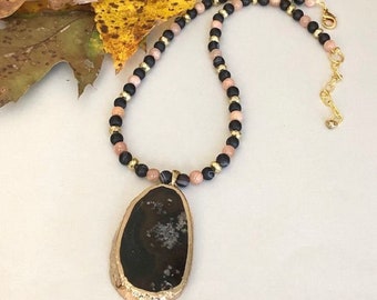 Black Agate Pendant Necklace, Agate and Sunstone Beaded Necklace with Black Stone Pendant, Boho Sweater Necklace, Gift for Mom, Womens Gifts
