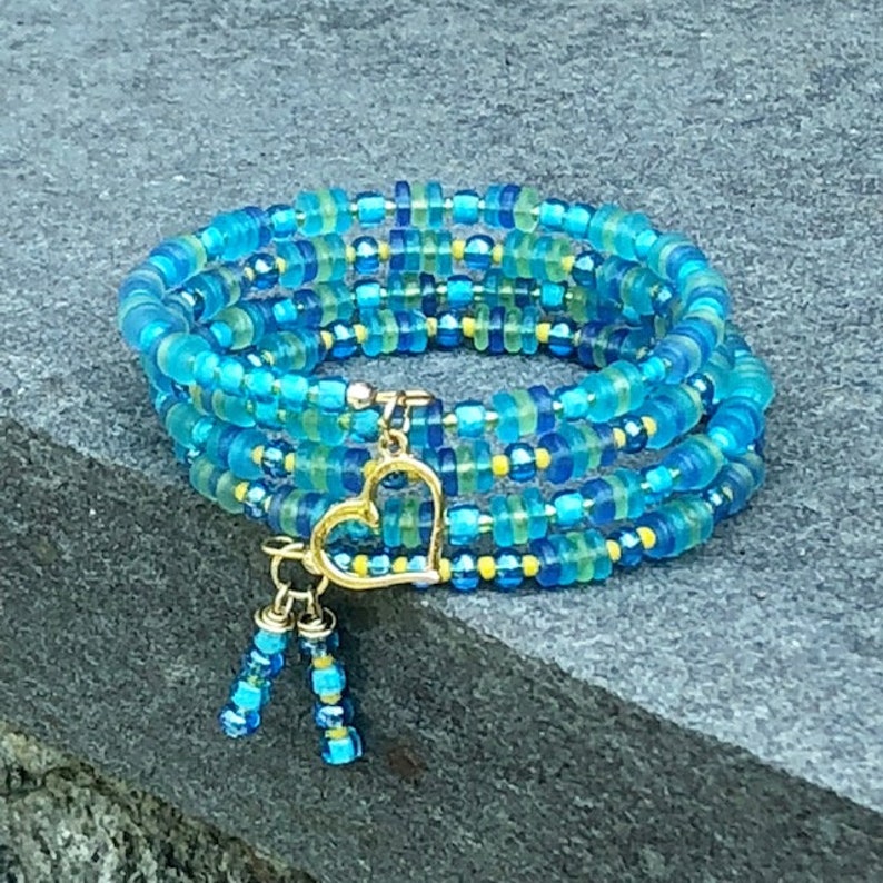 Aqua Memory Wire Bracelet Spiral Multi Wrap Bracelet Boho Statement Bracelet Colorful Bohemian Beaded Layered Bracelet Gypsy Beaded Bangle