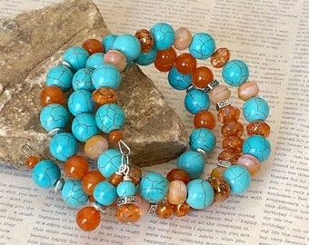 Coiled Orange and Turquoise Memory Wire Bracelet, Boho Wrap Bracelet, Gemstone Beaded Cuff Bracelet, Boho Jewelry, Summer Jewelry Gifts Her