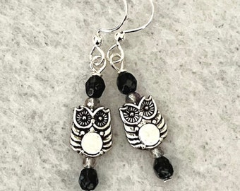 Owl Earrings, Silver Owl Dangle Earrings, Boho Bird Earrings, Lightweight Nature Earrings, Owl Jewelry Gift for Women, Bird Lover Gift Her