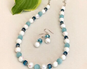 Glass Bead Aqua & White Necklace Earring Set, Bright Colorful Necklace for Spring, Summer Jewelry for Women, Mothers Day Gift for Mom