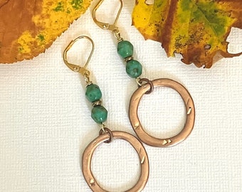 Gold Dangle Hoop Earrings, Gold Circle Hoop Dangle Earrings, Green Beads with Gold Hoop Drop Earrings, Long Earrings, Gold Lever Back, Gift