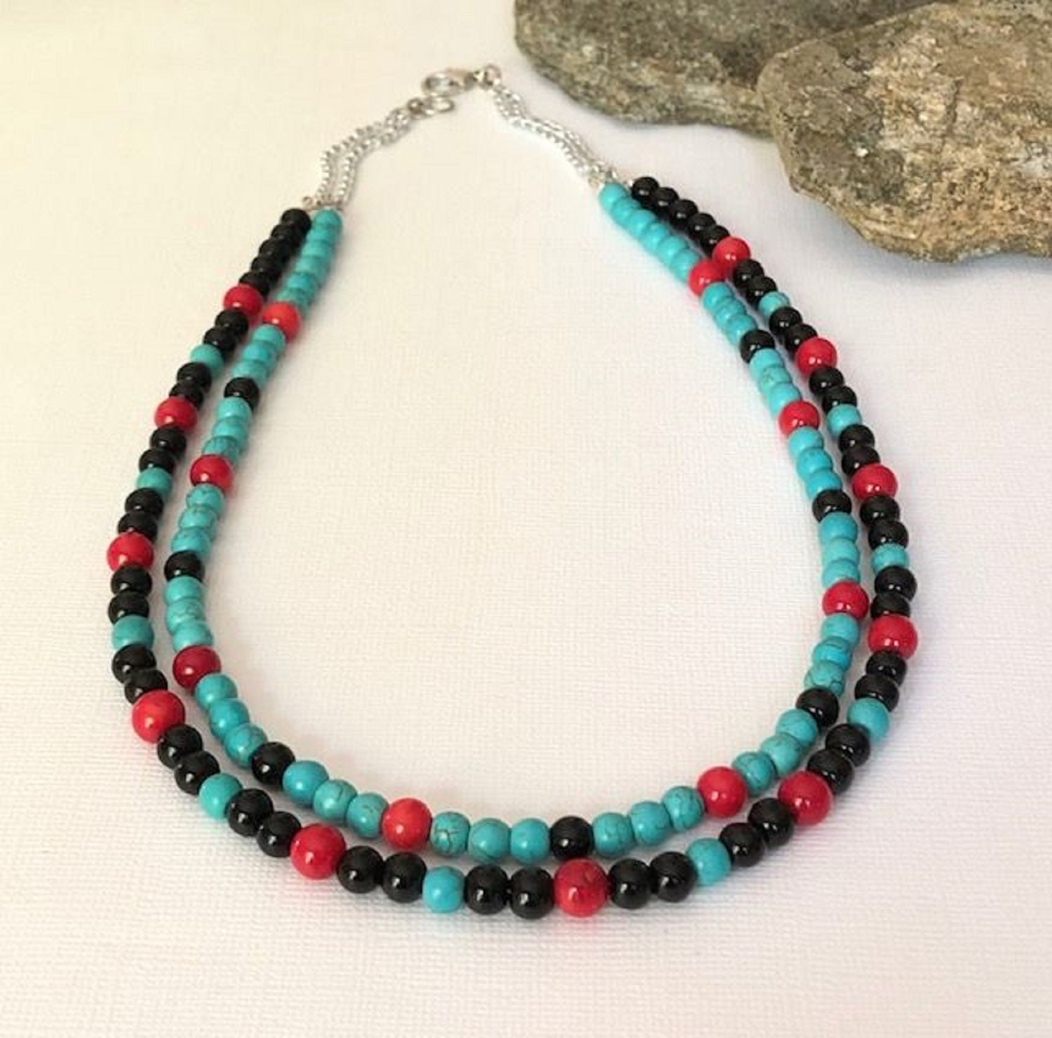Bold Multi Strand Bead Necklace Boho Black Red Coral Turquoise | Etsy