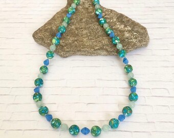 Summer Necklace Colorful Necklace Blue Green Necklace Blue Green Beaded Necklace Stone Necklace Single Strand Stone Beaded Necklace Gift Her