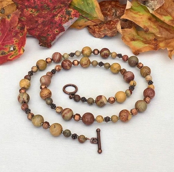 Picture stone jasper gemstone beaded choker necklace wrap memory wire boho hippie brown statement unique jewelry handmade gift for her