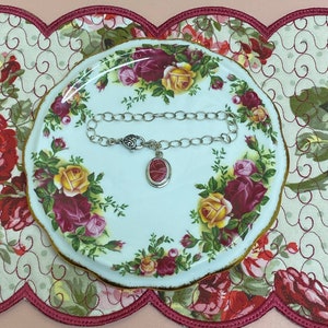 Rare Royal Albert Old Country Roses Broken China Pink Flower  Floral Ladies Sterling Silver Jewelry  Pendant Charm Bracelet Heart Clasp