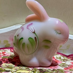 Rare HP Fenton Art Glass Hand-painted Pink White Rosalene Chubby Bunny Rabbit Flower Floral Rose Animal Figure Figurine Easter Holiday Gift