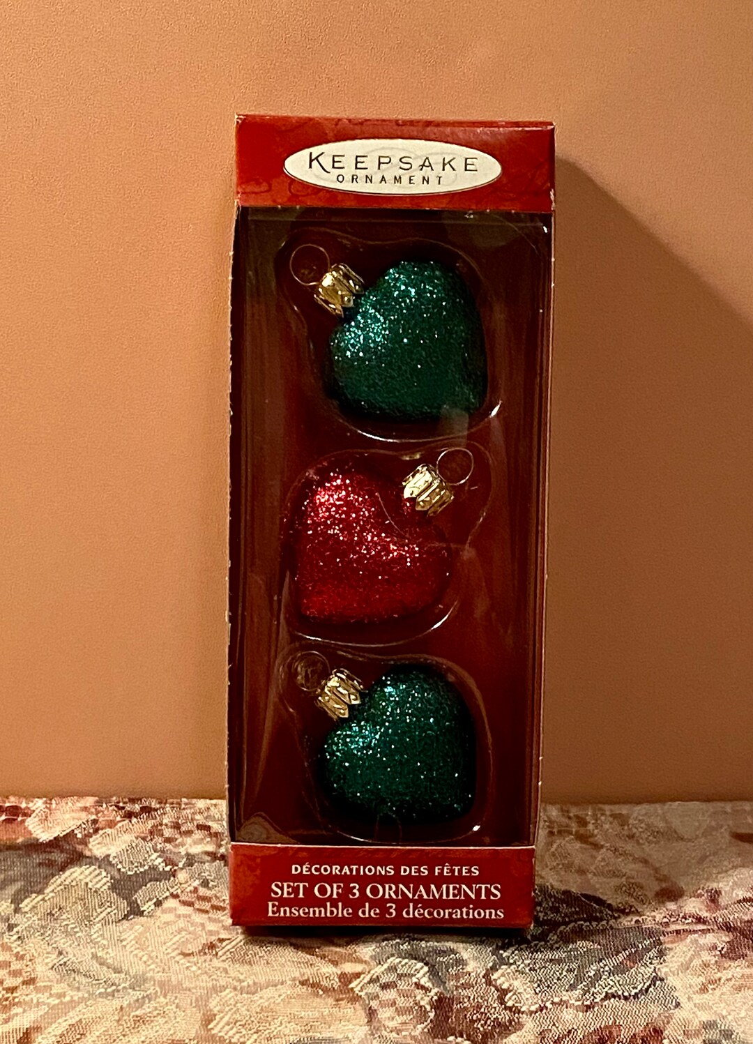 3 Hallmark Hand Blown Glass Red & Green Glitter Sparkle Heart Shaped ...