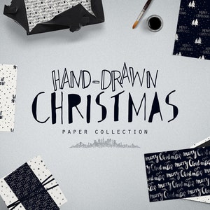 Papier Cadeau Numérique Noël Encre Dessiné à la Main - 10 Papiers Digitaux Scrapbook Sapins, Neige, Joyeux Noel - Téléchargement Immédiat