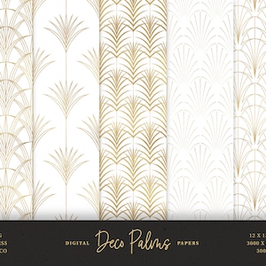 5 Motifs Art Déco Palmier Blanc et Or Papiers Digitaux Scrapbook - 5 Papiers Digitaux Great Gatsby Rétro - 300dpi - Téléchargement Immédiat