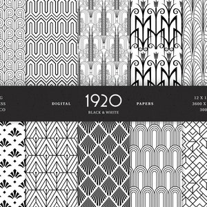 May include: Ten black and white digital seamless patterns in the Art Deco style. Each pattern is 12 inches by 12 inches and 3600 pixels by 3600 pixels at 300 DPI.