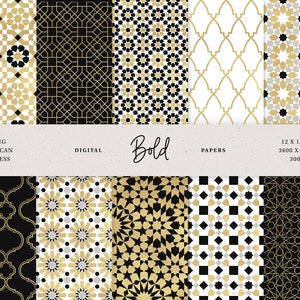 Golden Moroccan Mosaic Digital Scrapbook Papers  - 10 Seamless Patterns, Gold, White, Black Moroccan Ornaments - 300dpi - Instant Download