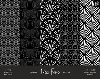 5 Art Deco Fans Black and White - Art Deco Digital Papers - Art Deco Seamless Patterns  - 5 Peacock Jazz Deco Age - JPG - Instant Download
