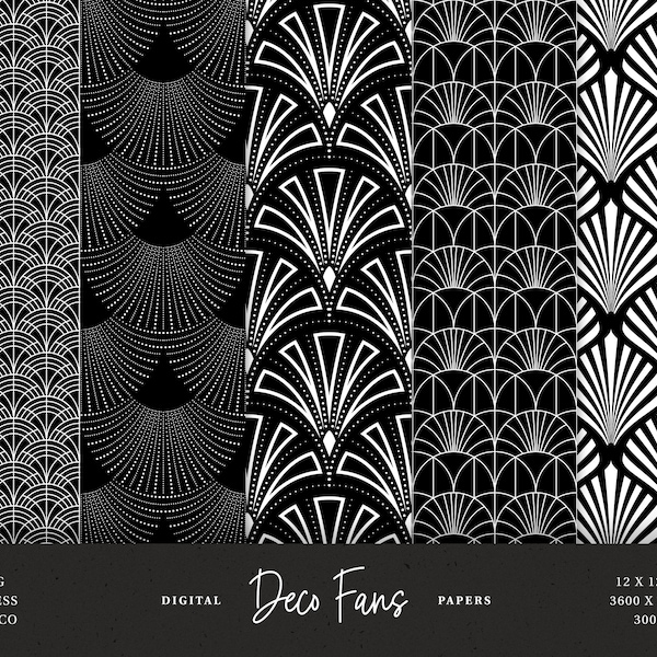 5 Art Deco Fans Black and White - Art Deco Digital Papers - Art Deco Seamless Patterns  - 5 Peacock Jazz Deco Age - JPG - Instant Download