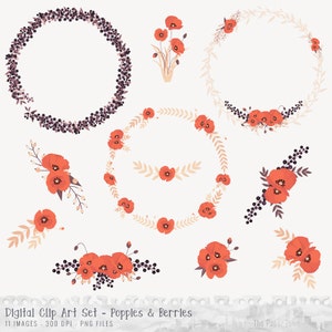 Rustic Floral Wreaths Poppies and Berries Clipart Set - &quot;FLORAL POPPIES CLIPART&quot; - 11 images, 300 dpi. Png files. Instant Download