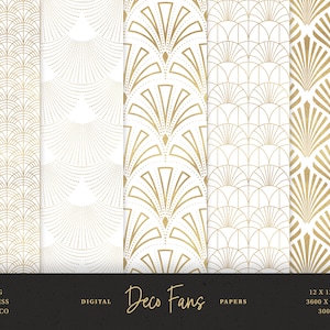 5 Art Deco Fans Gold and White Digital Seamless Patterns Scrapbook Papers  - 5 Luxury Peacock Art Deco Patterns - JPG - Instant Download