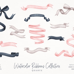 12 Rose Quartz and Stormy Blue Wedding Watercolor Ribbons, Digital Watercolor Banners Cliparts Set - 300dpi - Instant Download - PNG