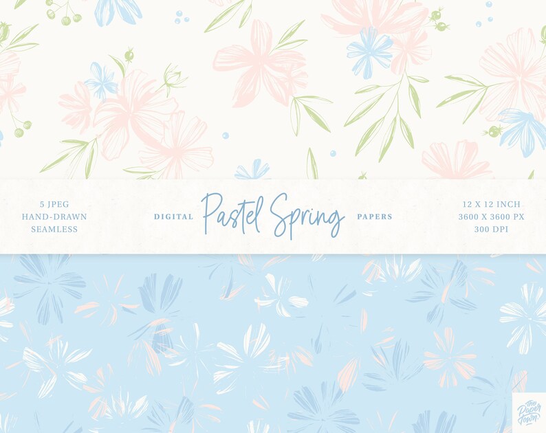 5 Hand Drawn Floral Spring Patterns - Seamless Pastel Colors Foliage ...