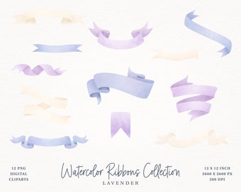 Watercolor Ribbon Banner, Digital Watercolor Ribbon Banners, 12 Lavender and Ivory, Wedding Banners Clipart Set - Instant Download - PNG