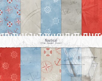 Nautical Digital Scrapbook Papers  - 10 Nautical, Anchors, Sailboats Patterns Digital Layouts - 300dpi 12x12 - JPG Instant Download