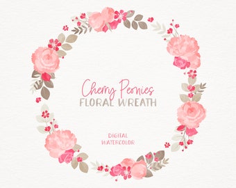 Cherry Blossom, Peonies Rustic Floral Wreath Clipart, Rustic Wedding Flowers Clipart - 12x12 - 1 image, 300 dpi. Png file. Instant Download