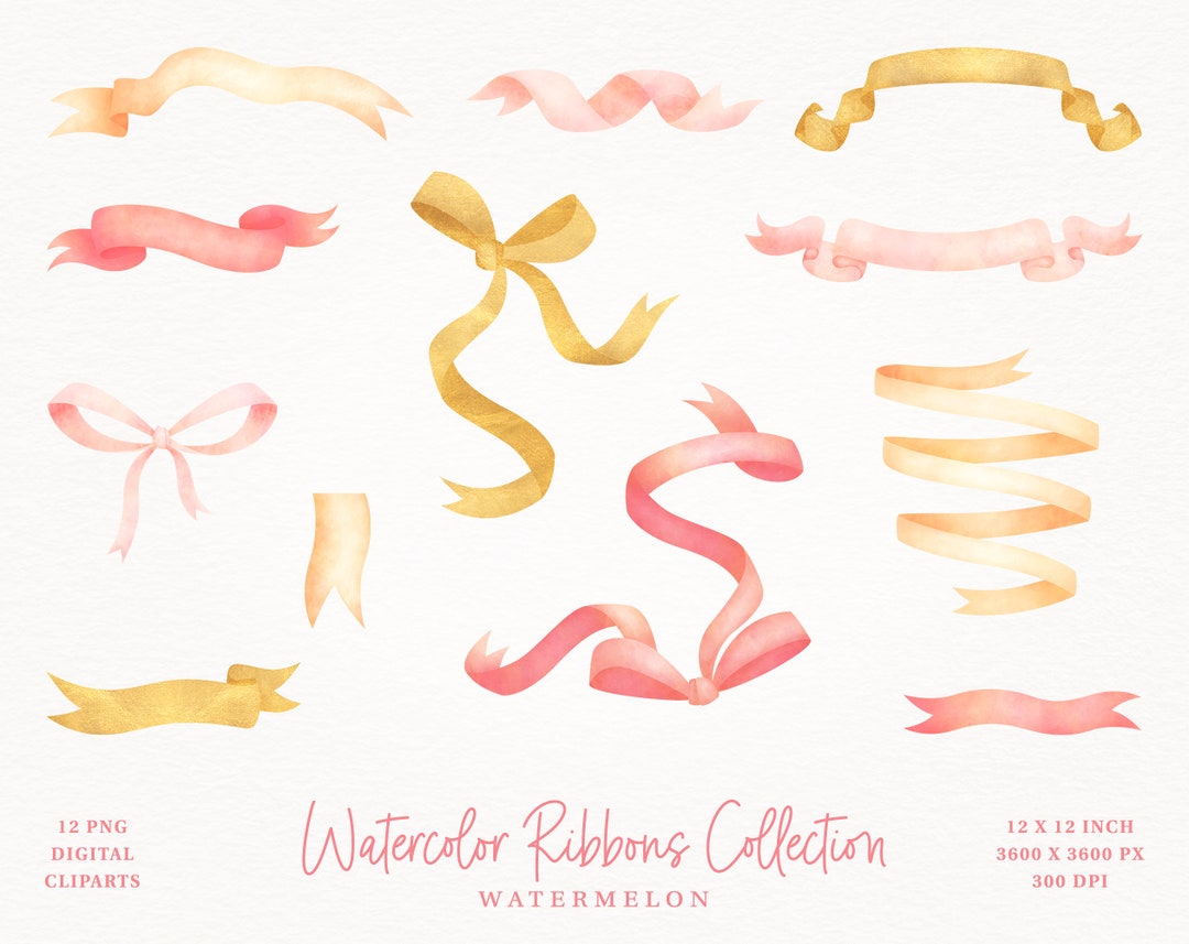 12 Watercolor Wedding Ribbons, Fruity Colors and Gold Ribbons, Digital ...