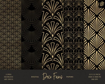 5 Art Deco Fans Gold and Black - Art Deco Digital Papers - Art Deco Seamless Patterns  - 5 Peacock Jazz Deco Age - JPG - Instant Download