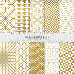 Set de Papiers Digitaux Motifs Géométriques Blanc et Or - 10 Papiers Scrapbook Dorés (300dpi 12x12 - JPG) - Téléchargement Immédiat