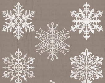 Rustic White Wood Christmas Snowflakes Laser Cut Cliparts - 5 Cliparts 300dpi Wooden Snowflakes Christmas Decor - Instant Download - PNG