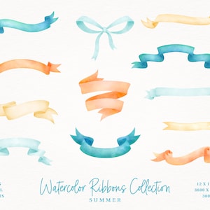 12 cliparts Rubans Aquarelle Mariage Turquoise, Jaune Eté  - "Clipart Bannières Aquarelle" - 30x30 - 300 dpi - Png - Téléchargement Immédiat
