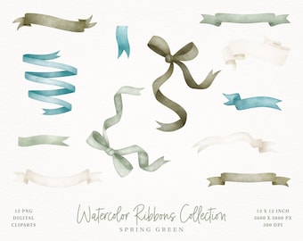 Spring Green and Ivory Watercolor Digital Wedding Ribbons - 12 Digital Watercolor Banners Cliparts Set - 300dpi - Instant Download - PNG