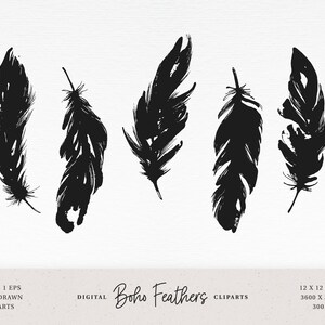 5 Cliparts Plume Bohème Illustration Rustique Cliparts - 5 plumes vectorielles EPS 3600 px - 12x12 - 300 dpi - Png - Téléchargement Immédiat